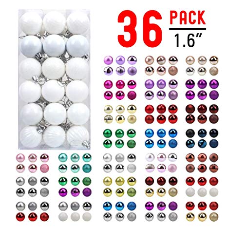 walsport Christmas Balls Ornaments for Xmas Tree - 36ct Plastic Shatterproof Baubles Colored and Glitter Christmas Party Decoration 1.6inch Set (White)