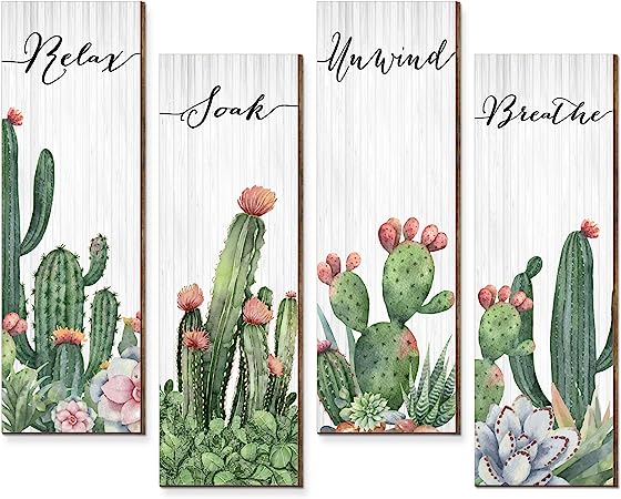 4 Pieces Cactus Wall Decor Relax Soak Unwind Breathe Bathroom Wall Decor Wooden Cactus Wall Sign Hanging Bathroom Wall Art Decor for Farmhouse Bathroom Spa Washroom Home Accent, 11 x 3.5 Inch