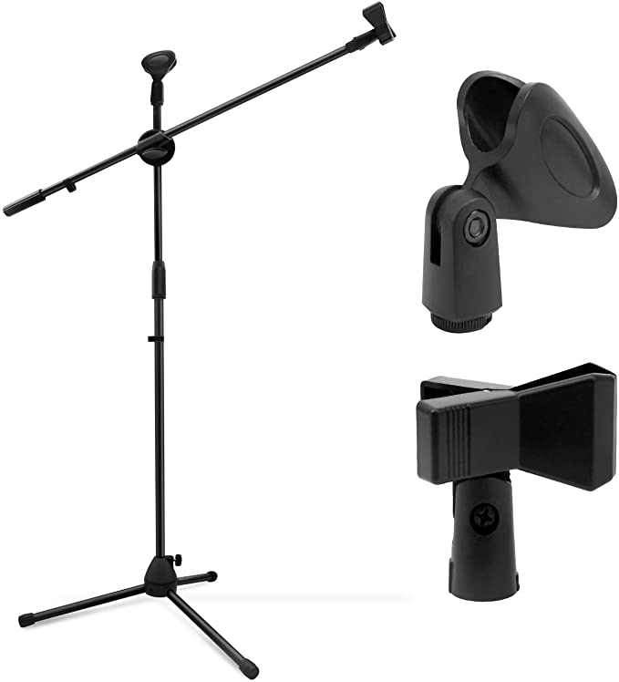 Microphone Stand, Ohuhu Tripod Mic Stand Boom with Mic Clips, Height Adjustable, Light Weight, Black