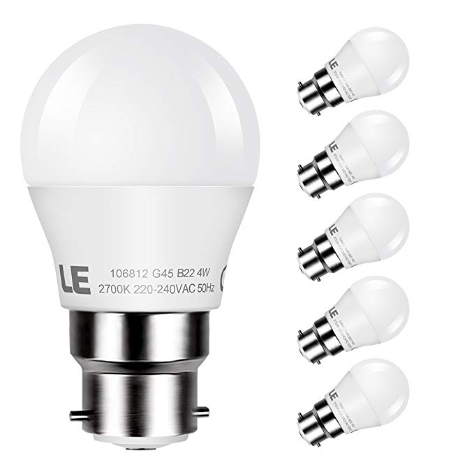 LE 5 Pack B22 BC LED Bayonet Light Bulbs, 35W Incandescent Bulb Equivalent, 4W 300lm Warm White 2700K G45 Globe Golf Ball Bulb, 180° Beam angle, Non-Dimmable