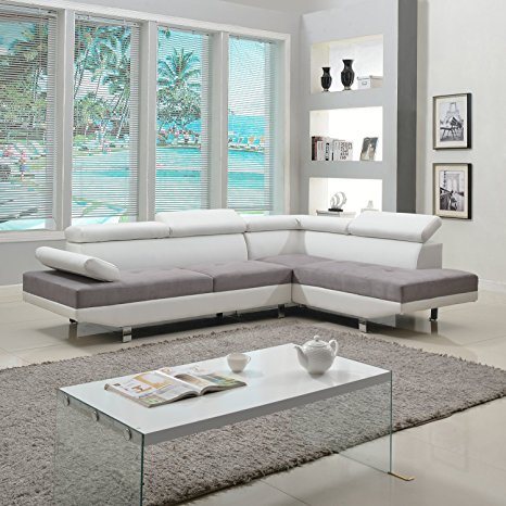 Modern Contemporary Designed Two Tone Microfiber and Bonded Leather Sectional Sofa (White/Grey) by Divano Roma Furniture