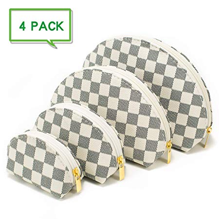 Luxury Checkered Make Up Bag Shell Shape Cosmetic Toiletry Travel Bags including 4 Size Bag (White)