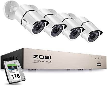 ZOSI 8CH PoE Security Camera System Outdoor with 1TB Hard Drvie,H.265  8-Channel 5MP NVR Recorder,4pcs Wired 2MP 1080P Weatherproof PoE IP Cameras with 120ft Night Vision for Home 24/7 Recording