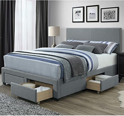 DG Casa Kelly Panel Bed Frame with Storage Drawers and Upholstered Headboard, Queen Size in Grey Linen Style Fabric