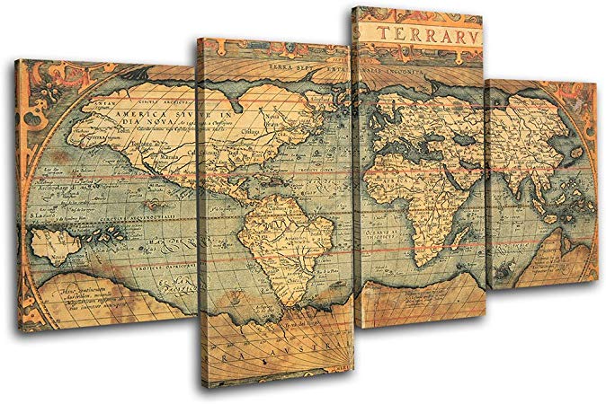 Bold Bloc Design Old World Atlas Maps 120x68cm 4 Panel Offset Cascade Large XL Canvas Art Print Box Framed Picture Wall Hanging - Hand Made In The Uk - Framed And Ready To Hang