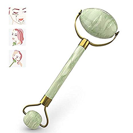 Jade Roller Natural Jade Stone Facial Roller Anti Aging, Hand Made Double Neck Genuine Massage Tool Made from Certificated Xiu yan Jade Stones, Face and Neck Massage Skin Care for Dark Circles