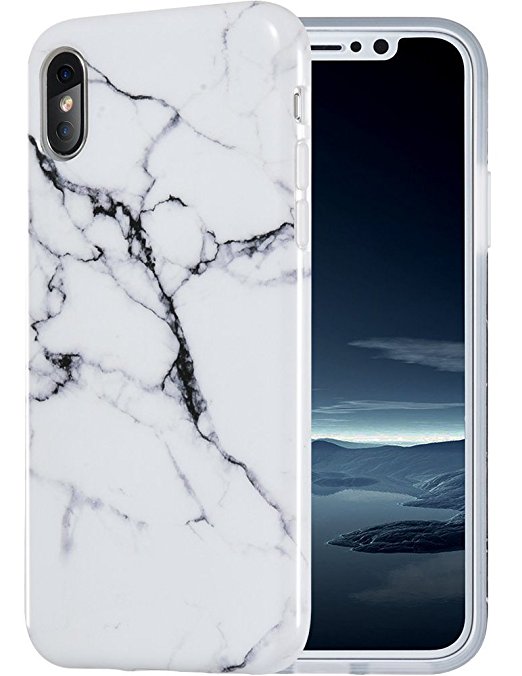 iPhone X Case, Caka iPhone X Marble Case Slim Anti-Scratch Shock-Proof Luxury Fashion Silicone Soft Rubber TPU Protective Case for iPhone 10 - (White)