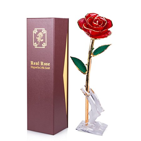 Sinvitron Real Rose Flower with Long stem Dipped In 24k Gold with Stand and Gift Box , Never Fade, Ideal Valentines's Day/Wedding Anniversary/Mother's Day/Birthday/Christmas Gift for her(red)