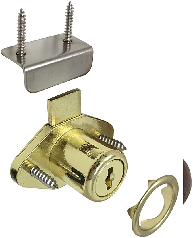 Desunia Office Desk Lock for Drawer & Door - 7/8" (.875") Bore - Polished Brass - Keyed Alike - Includes Escutcheon Trim Ring, Strike, & Screws - 1 Lock