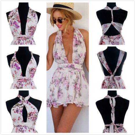 Moxeay® Different style Cross/Halter Straps Backless Sexy Jumpsuit Romper (M, Floral Printing)