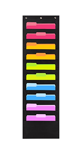 Heavy Duty Storage Pocket Chart with 10 Pockets, 3 Over Door Hangers included, Hanging Wall File Organizer by Hippo Creation - Organize Your Assignments, Files, Scrapbook Papers & More (Black)