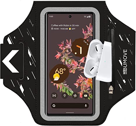 Pixel 6, 6 Pro, 5a Armband, BUMOVE Gym Running Workouts Sports Phone Arm Band for Google Pixel 6, 6 Pro, 5a, 4 XL up to 6.9 inch with Airpods Card Key Holder (Black)