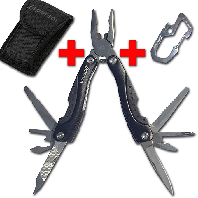 Multitool - Multi Tool with Free Multifunction Carabiner, 15 in 1 Premium Pocket Tool Stainless Steel Knife, Folding Saw, Wire Cutter, Pliers, Sheath, Survival, Camping, Hunting, Fishing, File, Driver