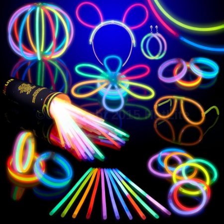 100 Glow Stick Party Pack- 8 HotLite Premium braceletsnecklaces kits to create glasses triple bracelets a headband earrings flowers a glow ball and more