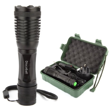 Discoball 2200 LM CREE XM-L T6 LED Zoomable Zoom 5 Modes Flashlight Torch Lamp LED torch 18650 Battery and 2 chargers