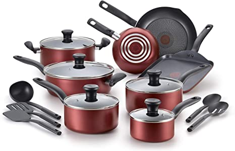 T-Fal T-fal A777SI64 Initiatives Nonstick Inside and Out Dishwasher Safe 18-Piece Cookware Set, Red