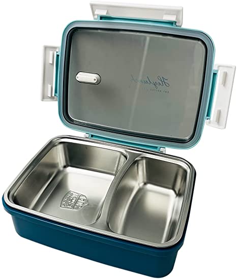Stainless Steel Bento Box For Kids and Adults 2 Compartments Lunch Box Leakproof and Portable Blue