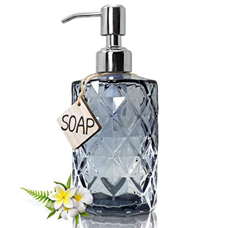 JASAI Diamond Design Glass Soap Dispenser with 304 Rust Proof Stainless Steel Soap Pump, Clear Glass 12 Oz Kitchen Soap Dispenser for Bathroom Accessories, Countertop (Clear Grey)