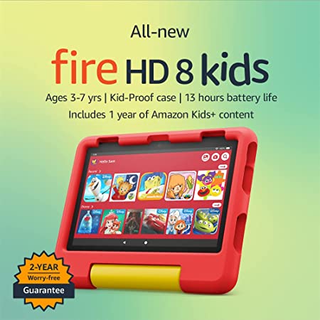 All-new Fire HD 8 Kids tablet, 8" HD display, ages 3-7, includes 2-year worry-free guarantee, Kid-Proof Case, 32 GB, (2022 release), Disney Mickey Mouse