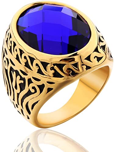 MASOP Jewellery Vintage Mens Stainless Steel CZ Ring Gold Biker Celtic Band Blue Round Stone