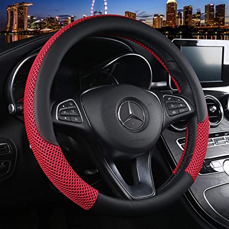 KAFEEK Steering Wheel Cover, Universal 15 inch, Microfiber Leather Viscose, Breathable, Anti-Slip,Warm in Winter and Cool in Summer, Black&Red