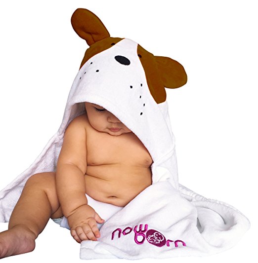 Baby Hooded Bath Towel - Cute Brown Puppy Dog Animal Design - Organic Cotton Material