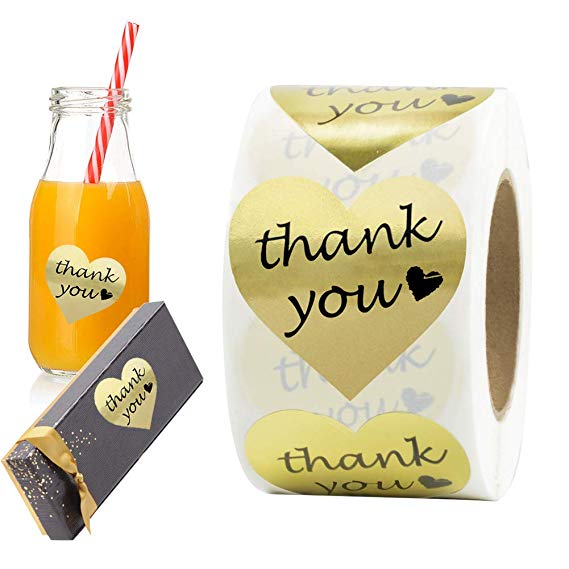 Thank You Stickers Gold Foil Labels Roll, 1.5" Heart Shape Decorative Stickers for Thank You Cards, Packages, Gifts, Wedding, 500 per Pack