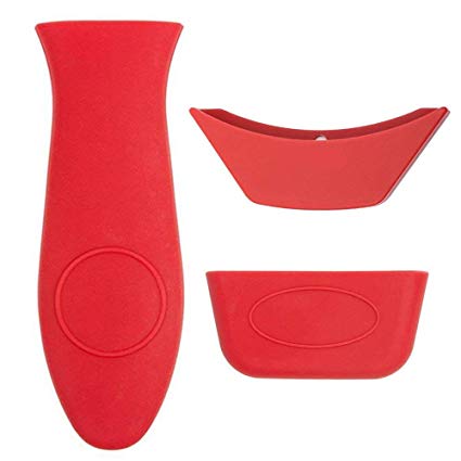 3 Pack Silicone Hot Handle Holder, Hot Mitts, Assist Holder Non Slip Heat Protecting Handle Cover for Cast Iron Skillets, Frying Pans & Griddles, Metal and Aluminum Cookware Handles (Red)