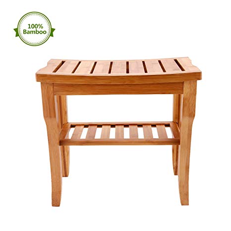[ US Stock ] Bamboo Bathroom Shower Bench Stool Bath Seat with Storage Shelf 2-Tier Luxury Spa Seat for Indoor Or Outdoorstools for Bathroom (Brown)