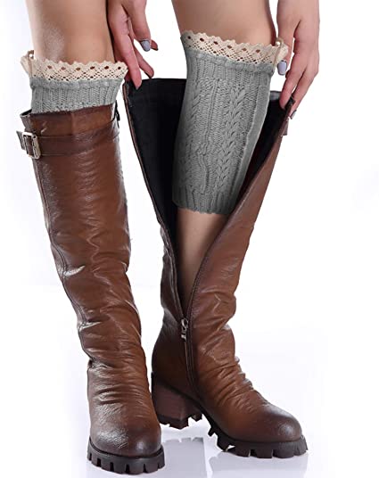 Avidlove Women Socks Knit Crochet Boot Cuffs Hollow Out Leg Warmers with Lace Trim