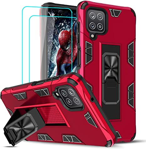 LeYi for Samsung A12 Case, Samsung Galaxy A12 Case with 2 Tempered Glass Screen Protector, Military-Grade Shockproof Built-in Kickstand Car Mount Protective Phone Case for A12 5G, Red