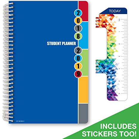 Dated Middle School or High School Student Planner for Academic Year 2018-2019 (Matrix Style - 5.5"x8.5" - Blue Colors Cover) - Bonus RULER / BOOKMARK and PLANNING STICKERS