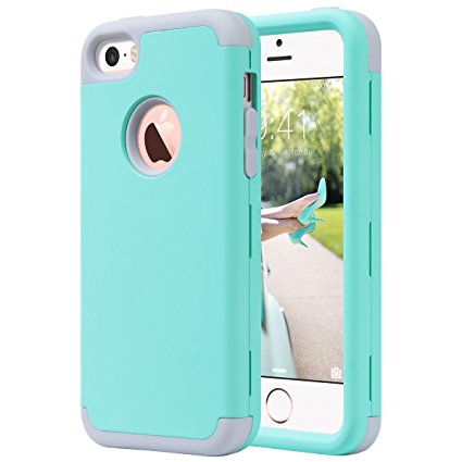 iPhone 5S Case, ULAK iPhone SE Case Hybrid Heavy Duty Shockproof Full-Body Protective Case with Dual Layer [Hard PC  Soft Silicone] Impact Protection for Apple iPhone SE / 5 / 5S /5C (Mint Green Gray)