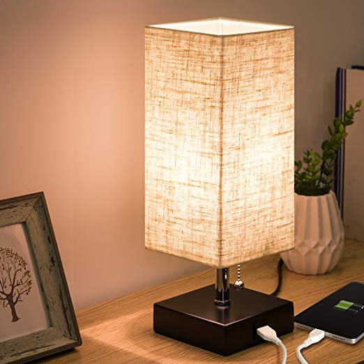 ZEEFO USB Table Lamp, Modern Design Bedside Table Lamps with USB Charging Port, Wooden Black Base and Fabric Shade Nightstand Table Lamps is Perfect for Bedroom, Living Room, Study Room, Guest Room