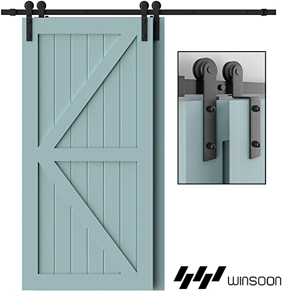 WINSOON 8FT Single Track Bypass Sliding Barn Door Hardware Kit for Double Doors, Low Ceiling, Easy Mount, Heavy Duty, Slide Quietly and Smoothly