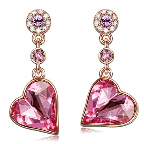 Qianse "ROSE LOVER" Sweet Rose Gold Dangle Earrings Made with SWAROVSKI Crystal, Women Heart Jewelry