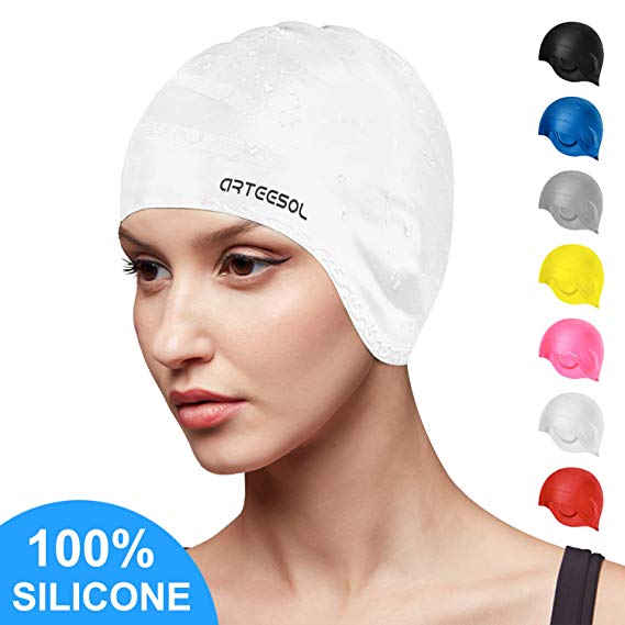 arteesol Swimming Cap, Silicone Swim Cap for Women Men, Durable Non-Slip Waterproof Swim Cap Protect Ears, Long Hair for Adults, Older Kids, Boys and Girls