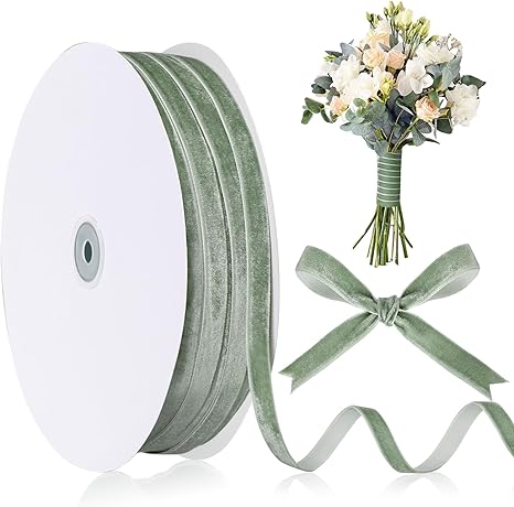 Chuangdi Wedding Velvet Ribbon Spool Vintage Velvet Ribbons Roll for Wedding Invitations Bridal Flower Bouquets Gifts Wrapping DIY Crafts(Dusty Green, 3/8 Inch, 60 Yard)