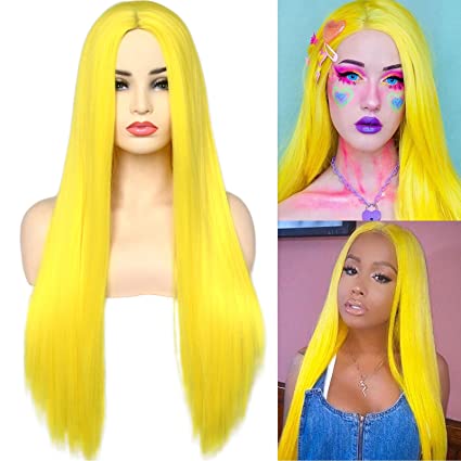 BLUPLE Long Straight Synthetic Wigs Yellow Natural Heat Resistant Synthetic Hair Wigs for Cosplay Daily Wear 22 inches(No Lace Wig)