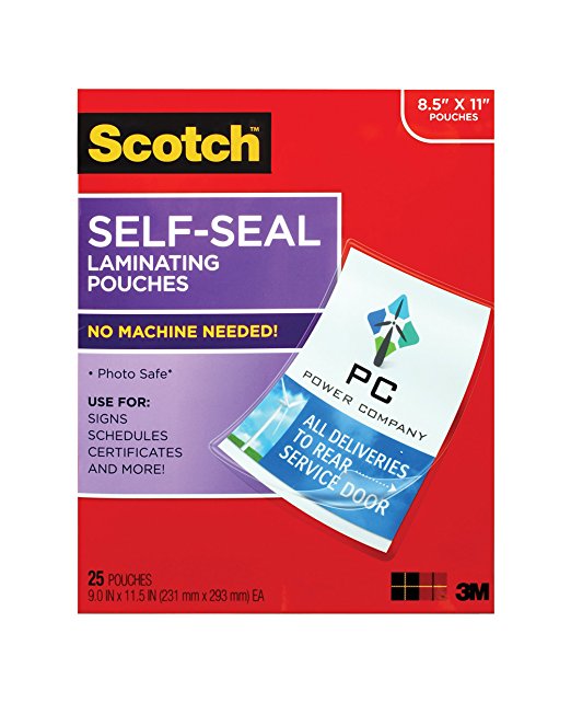 Scotch Self-Sealing Laminating Pouches, 25 Sheets, 9.0 in x 11.5 in, Gloss Finish Letter Size (LS854-25G-WM)