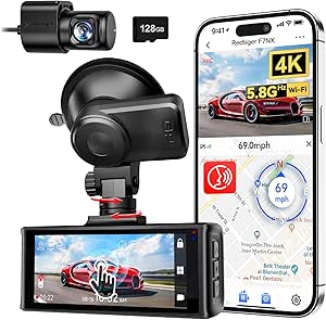 REDTIGER 4K Dash Cam Front Rear, 5.8GHz WiFi APP Control, Voice Control, Included 128GB Card, 3.18'' Touch Screen, Dash Camera for Cars with GPS, WDR Night Vision, 24H Parking Monitor(F7NX)