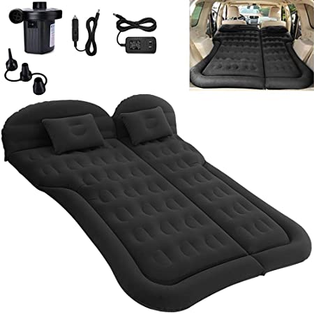 SAYGOGO SUV Air Mattress Camping Bed Cushion Pillow - Inflatable Thickened Car Air Bed with Electric Air Pump Flocking Surface Portable Sleeping Pad for Travel Camping Upgraded Version (Black)