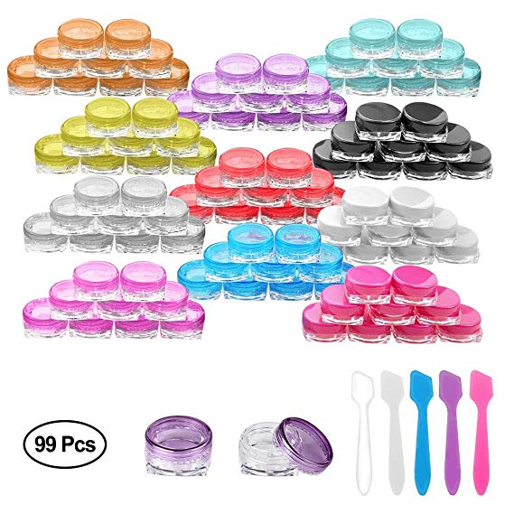 Accmor 99 Pieces 3g Makeup Containers Empty Clear Plastic Sample Containers with Lids Cosmetic Jars with 5 Pieces Mini Spatulas (NEW DESIGN)