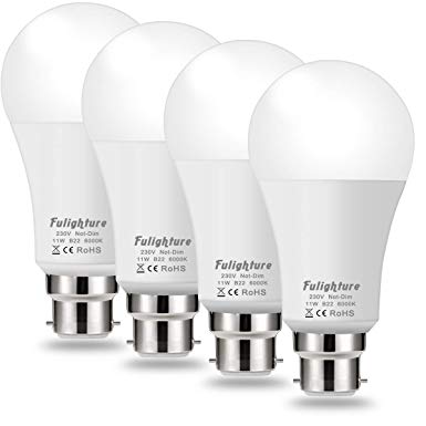 100W Equivalen B22 Bayonet Cap LED Bulbs, Fulighture 11W A60 Frosted Globe Golf Ball Bulbs, 1000LM, Cool White 6000K, Not Dimmable, Energy Saving for Living Room, Bedroom, Kitchen, Pack of 4