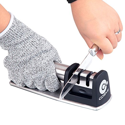 Kitchen Knife Sharpener for Straight and Serrated Knives, COSVE Non-Slip Base 2 Stage Diamond Manual Sharpening System with Cut Resistant Glove