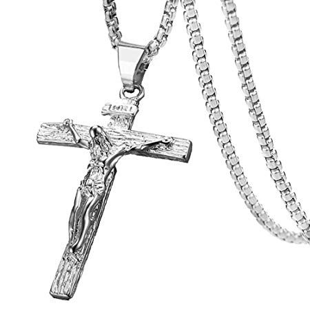 Axmerdal Stainless Steel Cross Necklace Jesus Christ Crucifix Cross Lord's Prayer Pendant for Men&Women 24 iNCH Box Chain (Silver)
