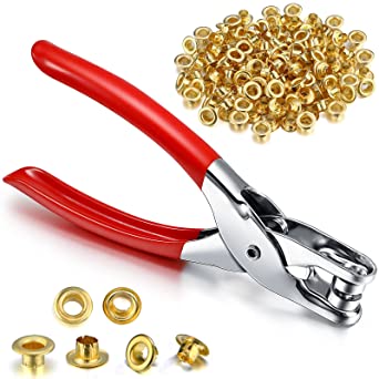 Grommet Eyelet Plier Set, Eyelet Hole Punch Pliers Kit with 300 Metal Eyelets, Grommet Tool Kit for Leather Clothes Belt (Gold,1/4 Inch)