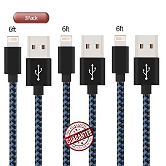 Zcen Lightning Cable, 3 Pack 6 Feet - Nylon Braided Cord iPhone Cable to USB Charging Charger for iPhone 7, Plus, 6, 6S, SE, 5S, 5, 5C, iPad, iPod [Black Blue]