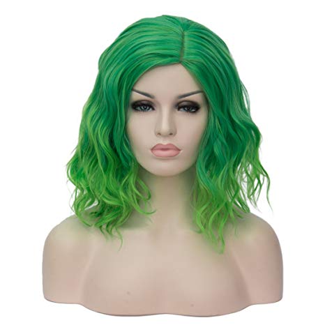 Mildiso Short Bob Wavy Curly Women Wigs Green Hair Cosplay Halloween Wigs with Wig Cap M004G