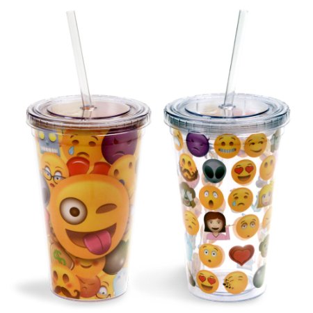 Emoji Universe: Emoji Tumblers, 16 oz (2-Pack) With Lids and Straws